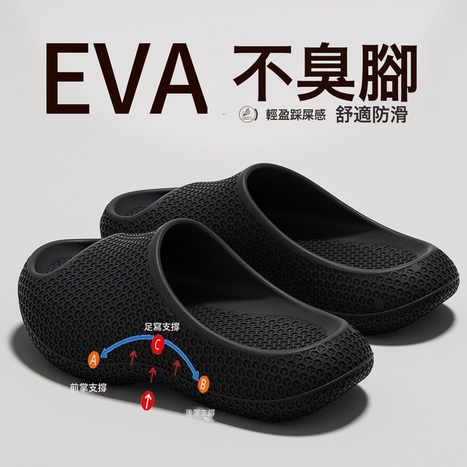 EVA 足弓支撐拖鞋 室內外防滑厚底涼拖, 10 cm, 黑色 EVA抗菌材質  足弓支撐不累腳  25 25.5 推薦24.5 25腳穿
