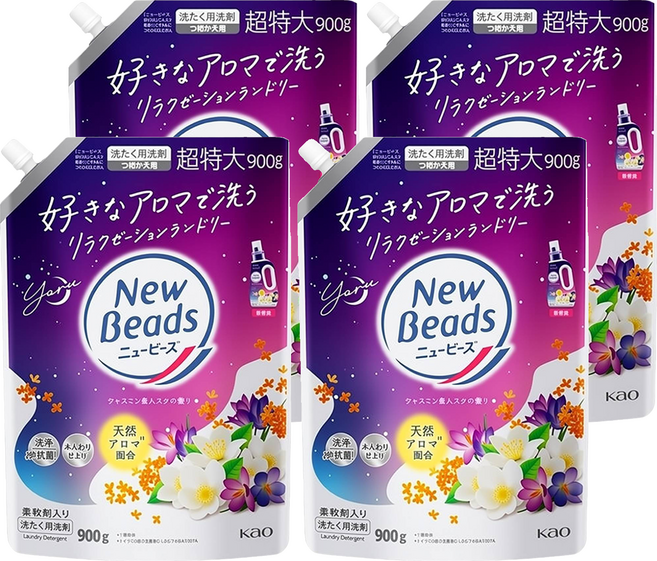 Kao 花王 New Beads 植萃香氛洗衣精 補充包 茉莉麝香, 900g, 4包
