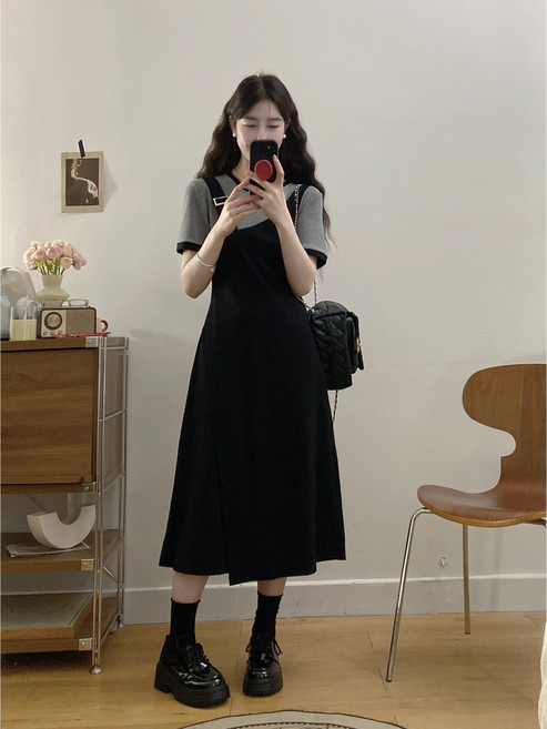 ANYOU 여성 대형사이즈 스타일 원피스 여름 슬림핏 허리조임 멜빵 롱원피스 반팔 원피스