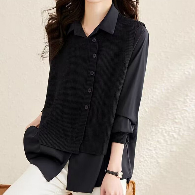 자칠 여성 블라우스 긴팔 카라넥 니트 블라우스 고급 간절기 스타일리시한 셔츠 니트조끼 긴팔 칼라 투피스 탑