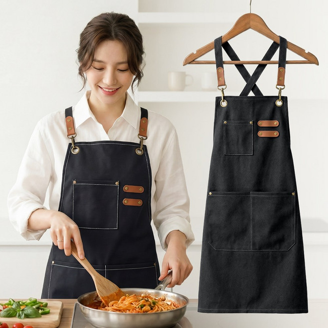 탄탄캔버스 홈카페 주방 앞치마 방수 앞치마 멀티포켓, 1개, 캔버스블랙