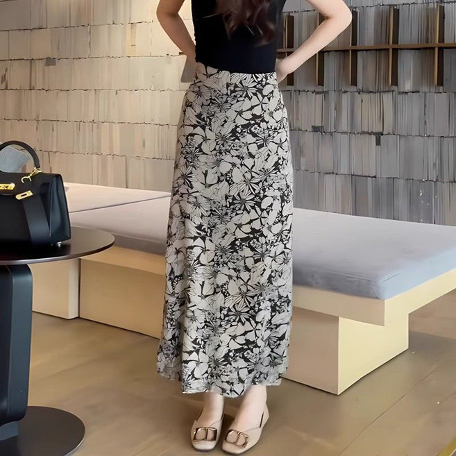 AOKADA 롱 랩 스커트 플라워 프린팅 H라이인 여성 치마