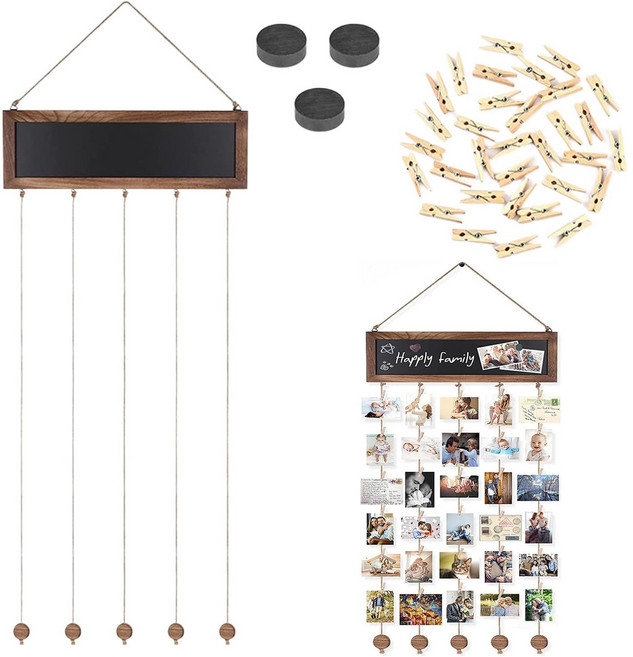 HahnRay벽걸이 사잔걸이 세트 우드칠판있음 사진행거 사진정리 벽꾸미기(부가:사진집게30p), 베이지계열