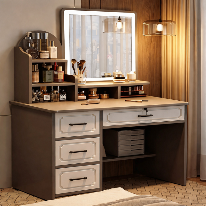 수납 거울 일체형 침실 화장대 서랍형 메이크업 테이블, 회색+LED 조명(A 800mm)