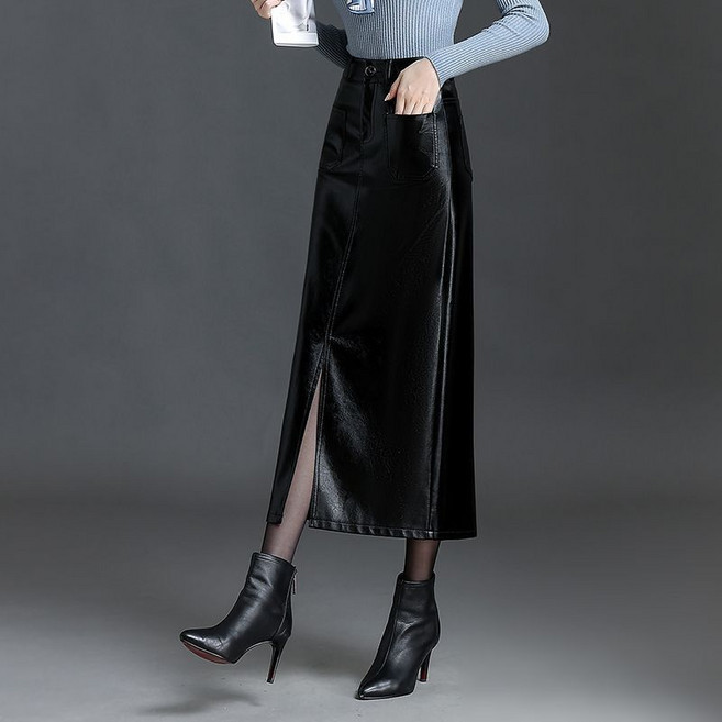 COSYEVNO 여자 스커트 겨울 PU 유광가죽 멋쟁이 캐쥬얼 루즈핏 스트레이트 30-50세 엄마 롱스커트 CXJbsq-08