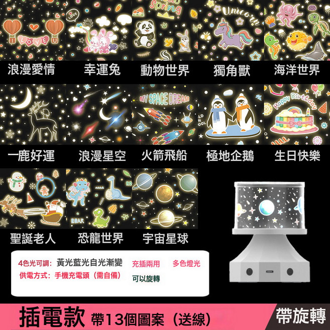 VANLUEE星空燈兒童房星空投影藍牙, 3WH01-插電款+13套圖案不帶音樂:如圖