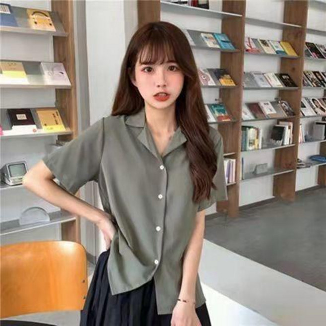 學院風西裝領短袖襯衫 韓版翻領上衣
