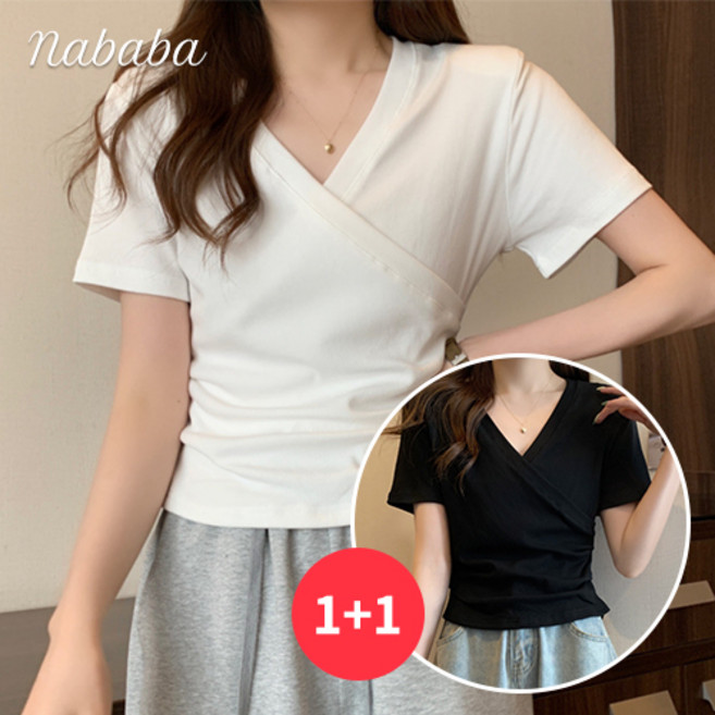 나바바 NT1603 여성 1+1 심플 크로스 언발란스 반팔 브이넥 티셔츠