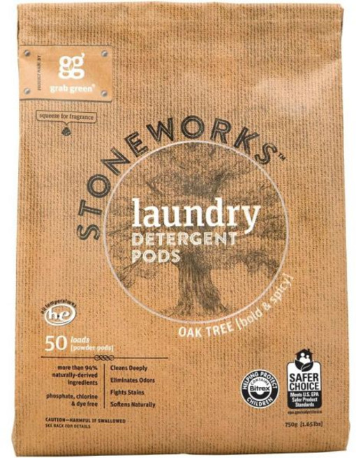 세탁 세제 저자극 세탁제 그린 스톤웍스 포드 올리브 리프 50개들이(1팩) 유래 식물 미네랄 기반 파우더 포드로 구동되 로드EPA 세이프 초이스 인증 받았습니다, Oak Tree, 50개입 1개