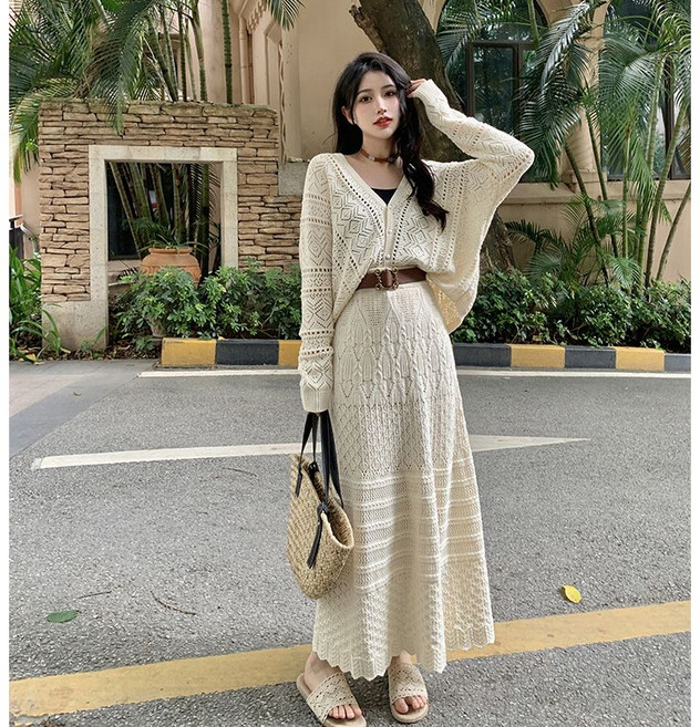 칩썬데이 니트 투피스 세트 롱스커트 가디건 여성 내추럴 꾸안꾸 데일리룩 리조트룩