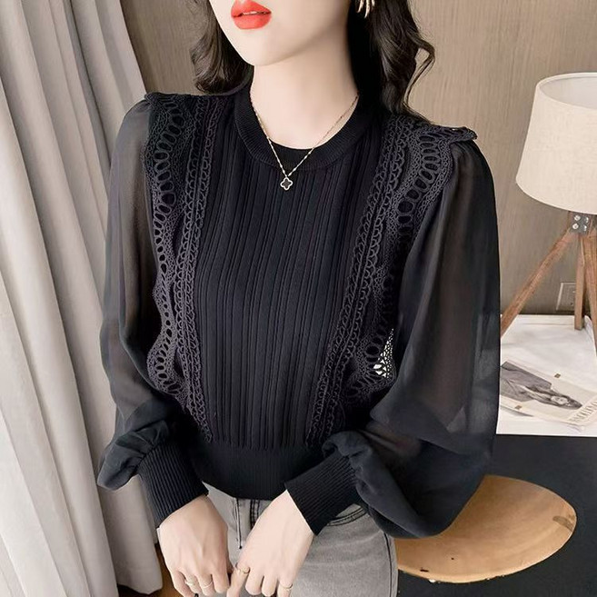 COSYEVNO 여성 봄철 니트 시스루 소매 퍼프 블라우스 LFHxfs-4