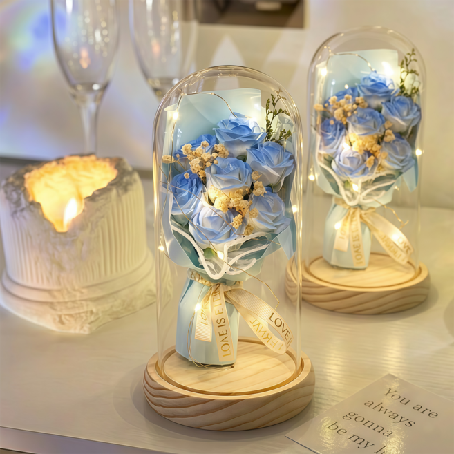 Leesheer 기념일 선물 유리돔 미니 꽃다발 무드등 비누꽃다발 + 예쁜 미니카드, 파란색