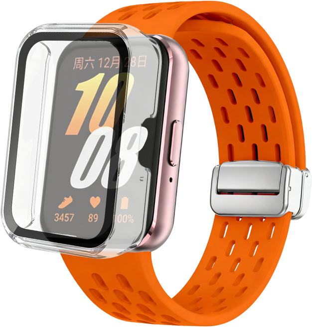 갤럭시 핏3 호환 멀티타공 마그네틱버클 실리콘 스트랩+ 풀커버 보호 케이스, 오렌지 + 투명
