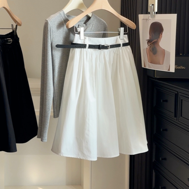 체인지쉬(change she) 여성 심플 클래식 A라인 플레어 미디 스커트 벨트세트