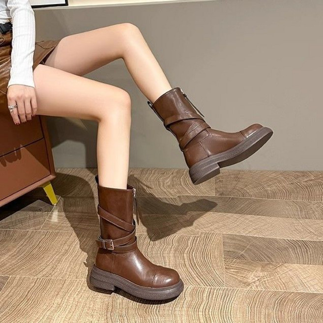 復古騎士 中筒 拉鍊繫帶設計