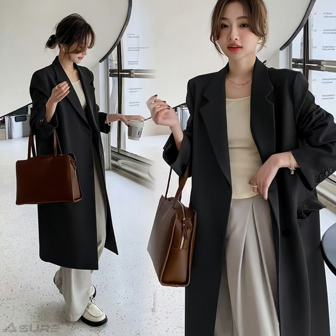 Asure 봄 가을 여자 롱 기장 정장 재킷 트렌치코트