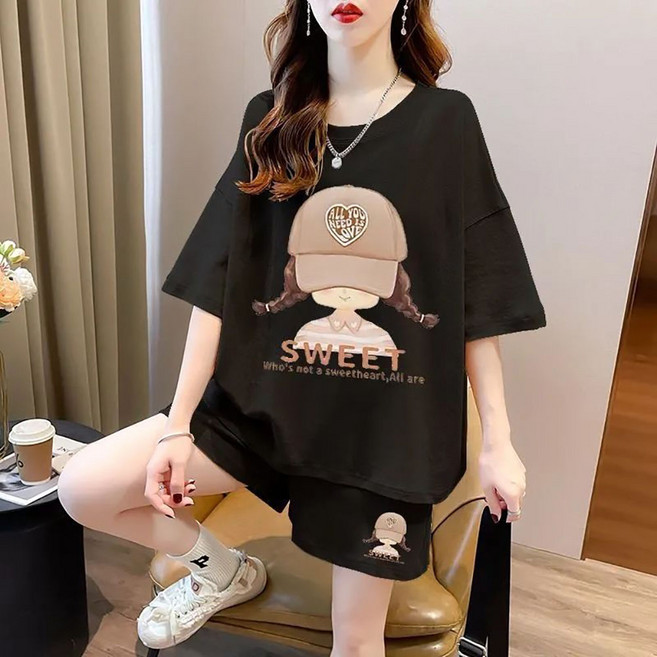 지고다그 여성 여름 캐주얼 빅사이즈 반팔 반바지 세트 귀여운 프린트 편한 투피스 SX69594