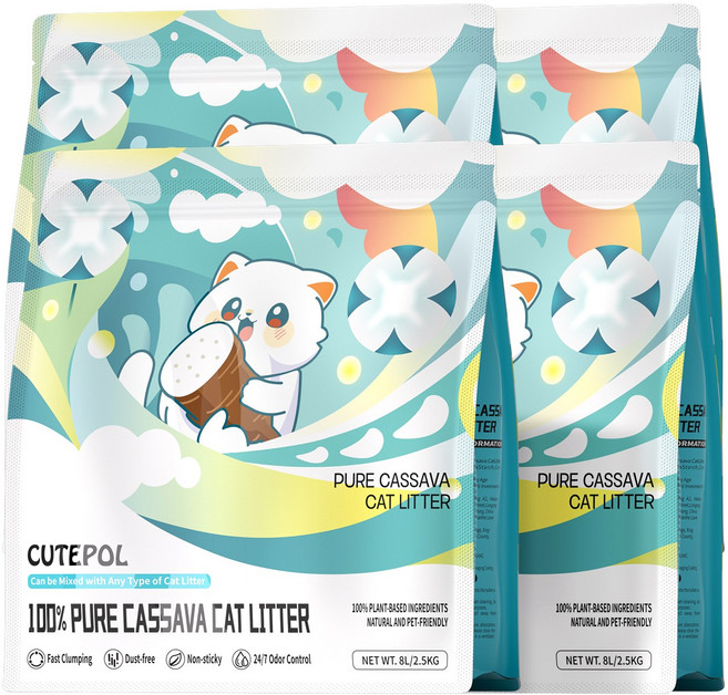 Cutepol 순수 카사바 고양이 모래 빠른 응집 강한 흡수력 무분진, Original, 4개, 2.5kg