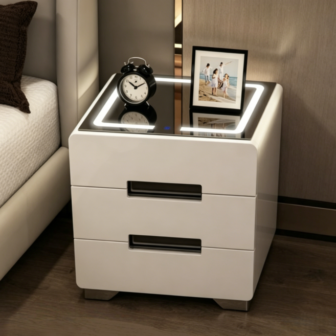 Tixpra 스마트 협탁 스탠드 3단 침대 협탁 무선 충전 기능 프리미엄 수납형 서랍장 INS풍, 1개, 흰색  50CM*41CM*57CM