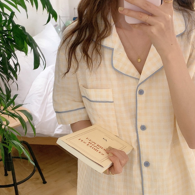 문릿 '투톤체크' 여성 반팔 체크 순면 상하세트