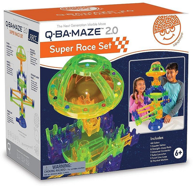 MindWare Q-BA-Maze 2.0 슈퍼 레이스 세트 STEM 마블 런 빌딩 키트 터보 런처 및 레이싱 트랙 포함 만 6세 이상 아동용 창의적인 엔지니어링 장난감
