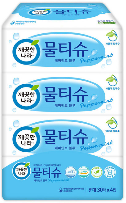 깨끗한나라 여행용 물티슈 30매 4입 1팩, 30개입, 4개