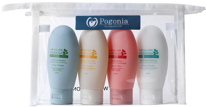 포고니아 히말라야모링가 4종 여행용 샴푸 +바디워시+ 트리트먼트+바디로션 + 전용파우치 각 50ml 영구사용 가능한 고급 용기, 1세트