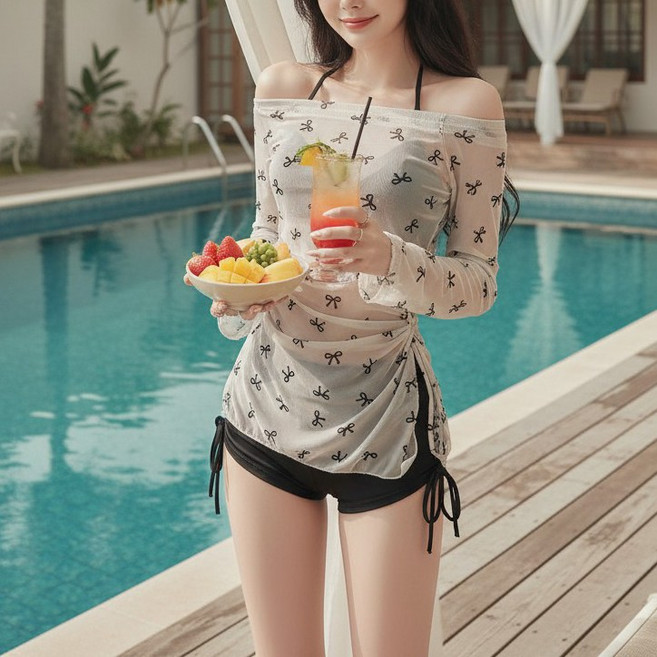 히또리 S2652 쓰리피스 여성 수영복 살탐 방지 비키니 반바지 리본 티셔츠 세트, 블랙세트