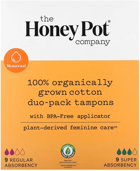 The Honey Pot Company 100% 유기농으로 재배된 면 듀오팩 탐폰 레귤러 및 슈퍼 흡수력 18개입, TheHoneyPotCompany100유기농으로재배된면, 1개 - 쿠팡