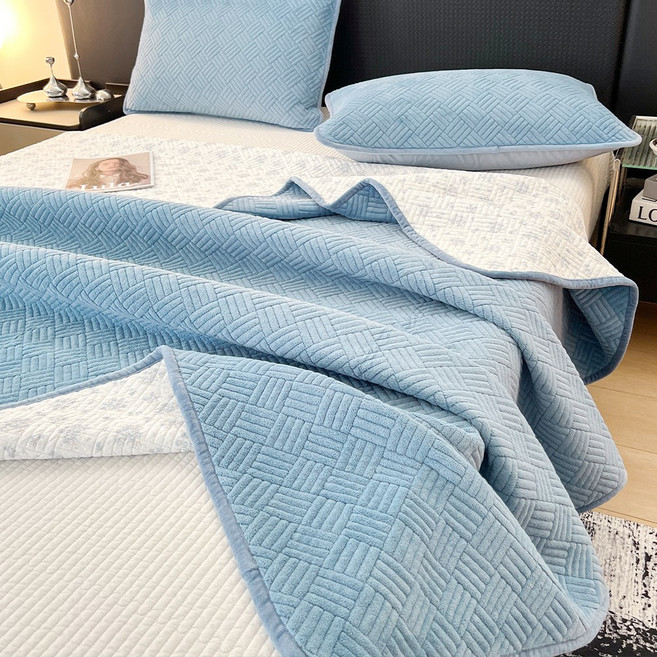 수스존 양면 순면100 사계절용 극세사 침대패드 베개커버 세트 먼지없는 프리미엄 이불패드, 극세사블루