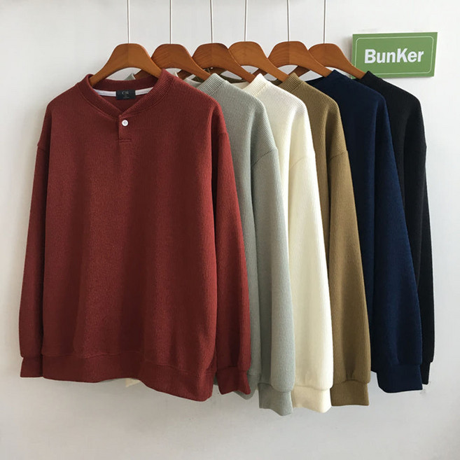[벙커] 남자 봄 맨투맨 루즈핏 원버튼 헨리넥 긴팔티셔츠