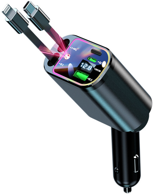 SASAKO 컬러 무드등 별천장 차량용 고속 충전기 동시4대충전 릴타입 차량용 충전기 PD C타입+애플, 블랙, [별천장+무드등]듀얼 고속C타입+애플 8핀