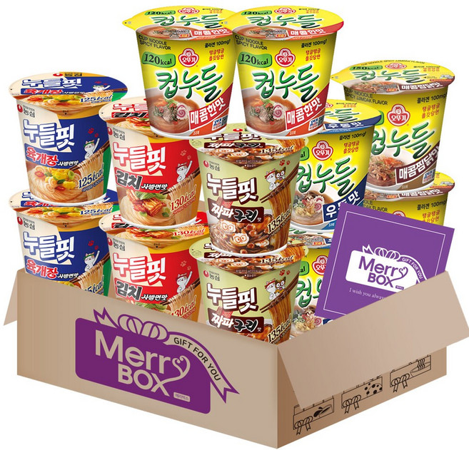 컵누들 12개 9호(매콤한맛2+우동2+매콤찜닭2)+누들핏(육개장사발면맛2+김치사발면맛2+짜파구리맛2)+메세지카드, 1박스