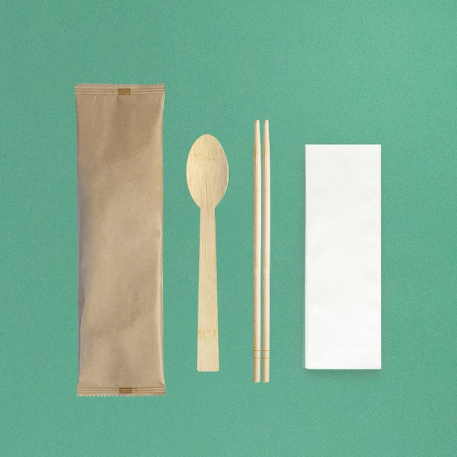 진담팩 3종 대나무 숟가락 젓가락 냅킨 세트 크라프트 포장, 1세트, 100개입