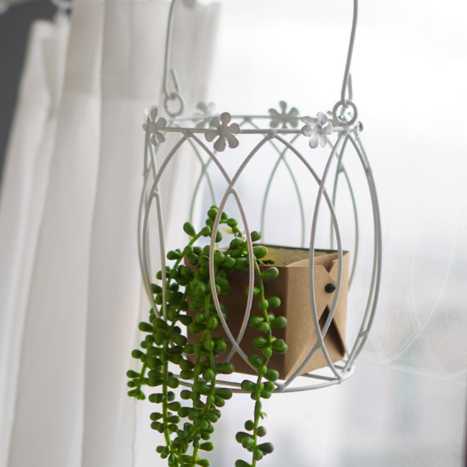 내일의공간 화이트 꽃 철제 화분 손잡이 바구니, 1개