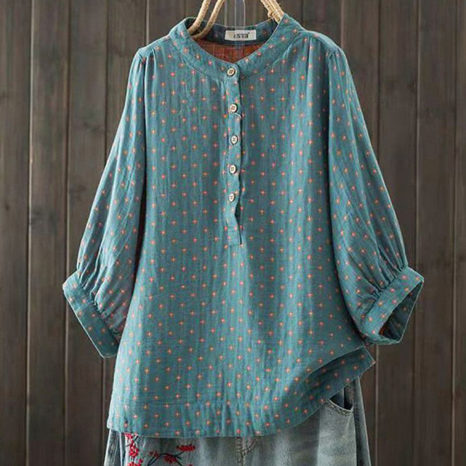 swygsqql 여름 여성 시크 루즈핏 트렌디 셔츠 긴팔 칠부 라운드 스냅 프린트 상의 가벼운