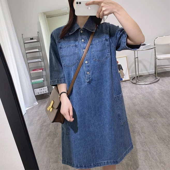 韓系牛仔洋裝 顯瘦A字連衣裙, 深藍
