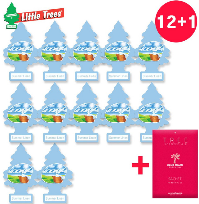 리틀트리 차량용 방향제 썸머린넨 12개+ 아로마스퀘어 1개 추가구성 자동차 실내 걸이형 종이 방향제 유연제향, 1세트