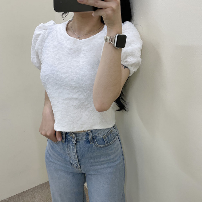 VANANA2 여성 쟈가드 엠보 어깨 퍼프 반팔 블라우스 4color