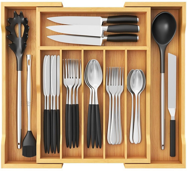 라이프윗 실버웨어 서랍 정리함 주방용 확장형 식기 트레이 대나무 및 수저 홀더 숟가락 포크 나이프용 목재 조절식 보관함 대형 천연, 1개