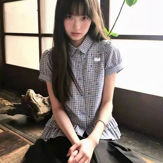 藍色格紋荷葉邊短袖襯衫 泡泡袖上衣