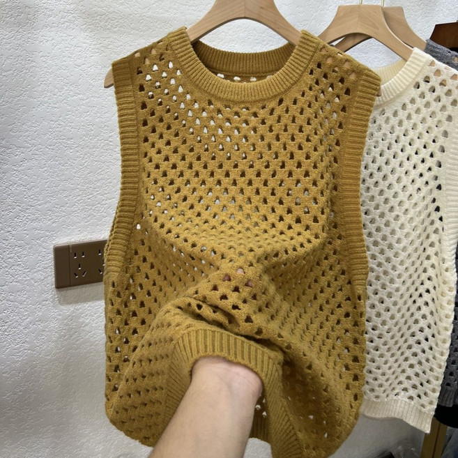 미중 여성 봄가을 뉴 라운드넥 펀칭 니트 스웨터 박시 민소매 조끼 cy