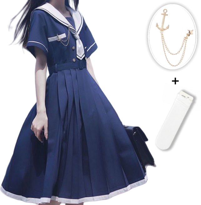 [리쿠찌] 세일러복 해군교복 블루 화이트JK세트 (해군브로치 눈꽃양말)증정 JK 고등학생교복 주름치마 원피스 할로윈 코스프레 의상 귀여운 학교 학생복/고급형