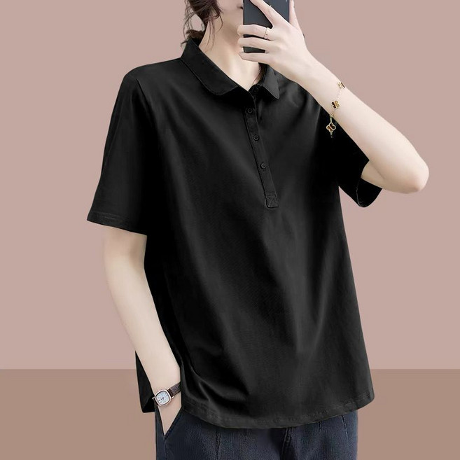여성 여름 반팔 폴로 티셔츠 패션 캐주얼 순면 폴로넥 반팔티 심플 기질 반팔 상의 빅사이즈 YMY