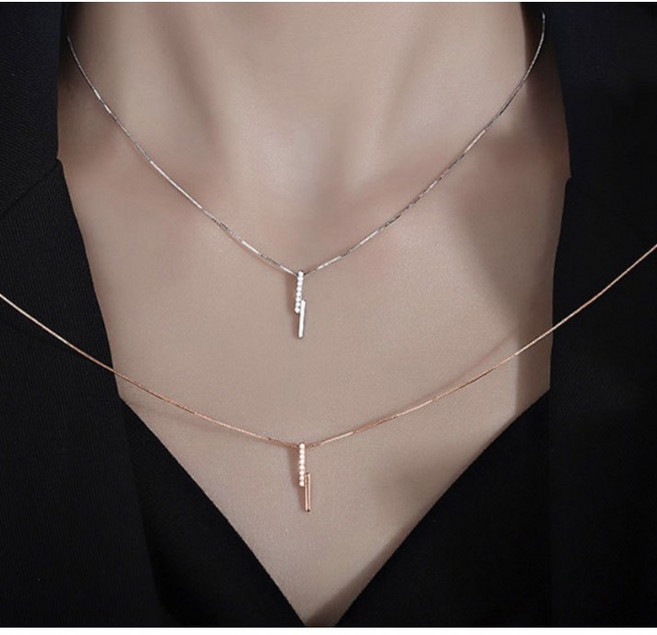 [925 Silver][2 color] 모던 더블 바 목걸이 데일리 럭셔리 우아한 큐빅 은 주얼리
