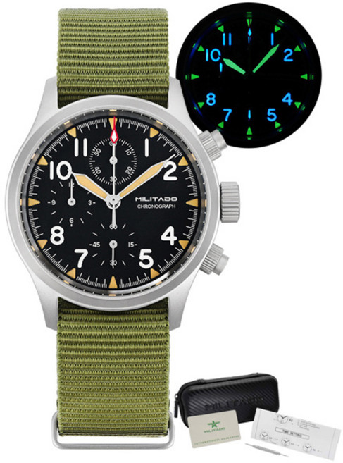 호환 Militado ML1868KF 쿼츠 3 다이얼 시계 VK67 크로노그래프 무브먼트 축광 시계 사파이어 100m 방수 손목시계, [03] GN Nylon No Date