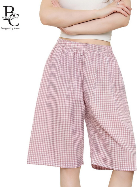 [블랑커브]여성 체크 5부 반바지 밴딩 홈웨어 여름 파자마 팬츠 와이드 루즈핏