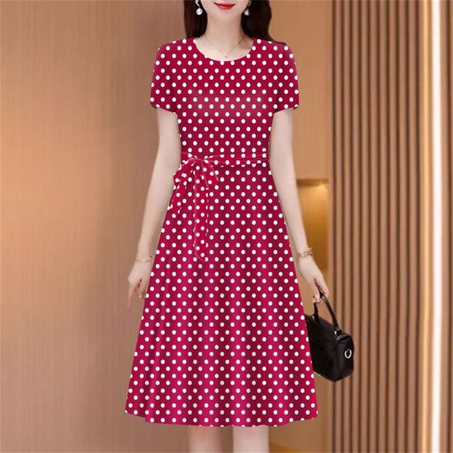 TKX 여성 도트 패턴 반팔 원피스 미디 A라인 허리끈 우아한 데일리룩 캐주얼 하객룩 엄마 패션