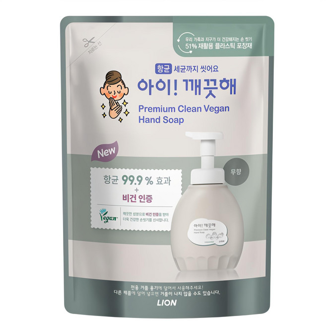 아이깨끗해 프리미엄 클린 비건 폼 핸드솝 무향 리필, 400ml, 1개