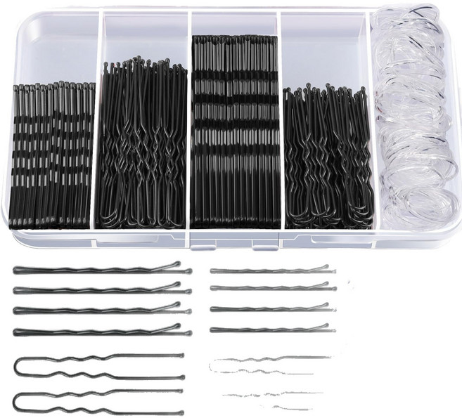 대용량 올인원 헤어 실핀 세트 300p 물결핀 U자핀 투명 고무줄 수납 케이스 포함
